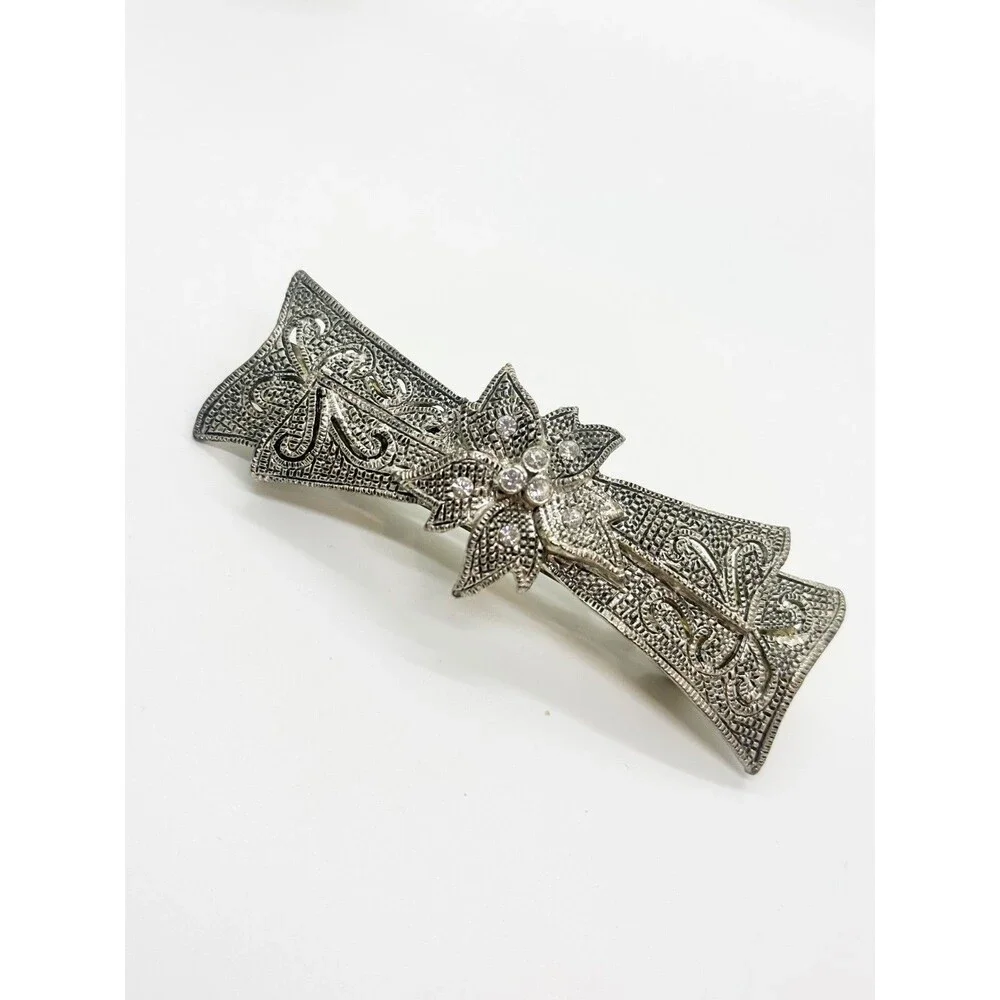 Floral Hair Barrette Marcasite Look With Rhinestones 3.25